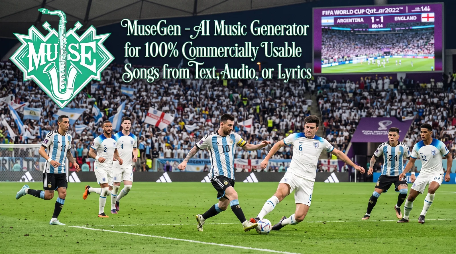 An albiceleste No.10 celebrating with a raised fist as fans wave sky-blue-and-white flags — the trophy-lift emotion behind a fan anthem