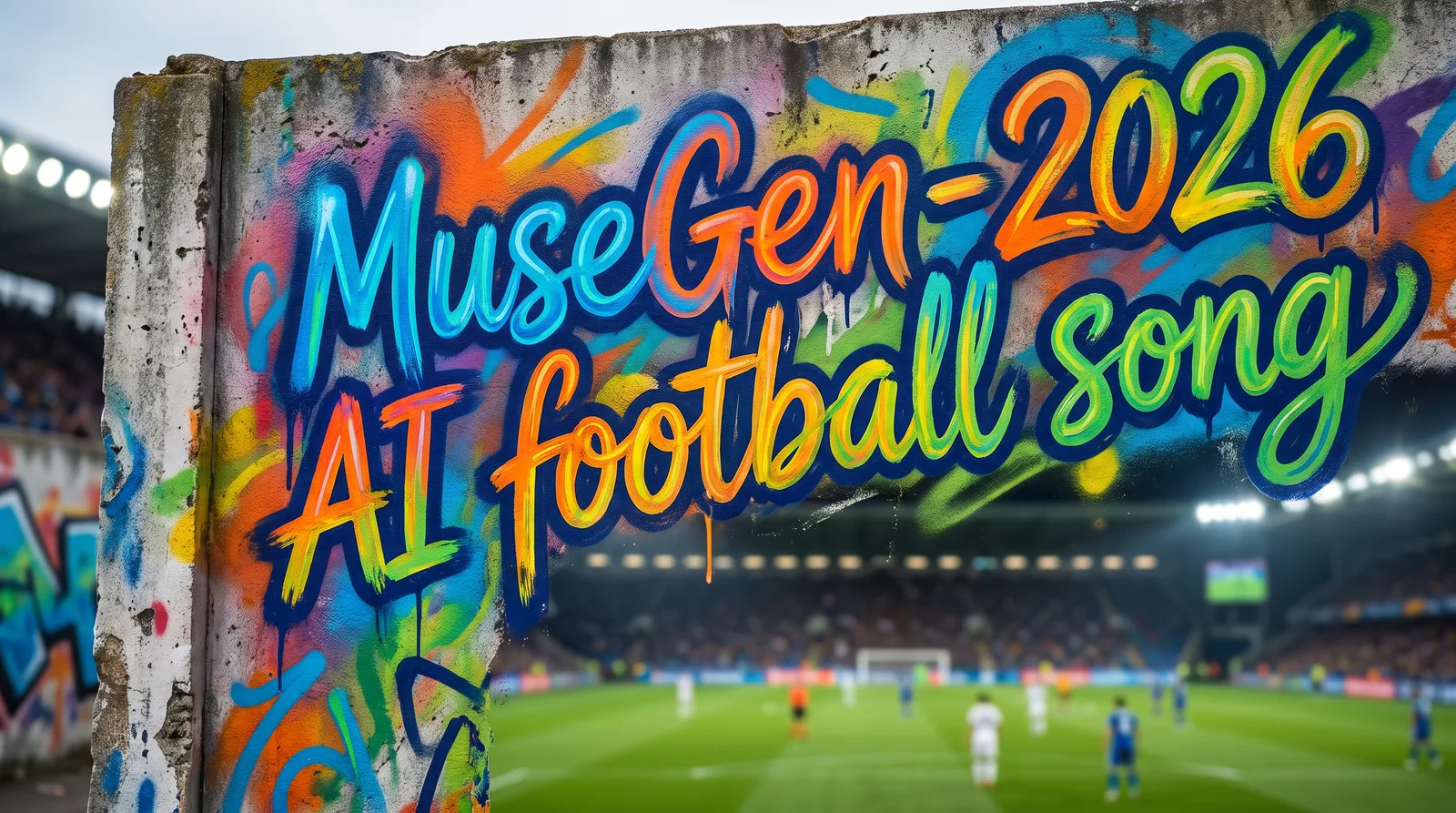 Colorful stadium graffiti reading MuseGen 2026 AI football song — create a Spain World Cup champion anthem with MuseGen
