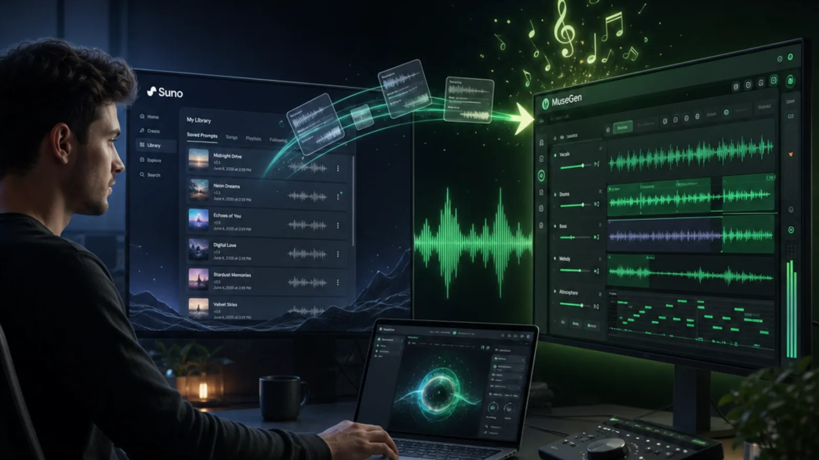 A creator's prompt library and workflow moving from Suno to MuseGen along a glowing bridge over a soundwave — MuseGen migration guide