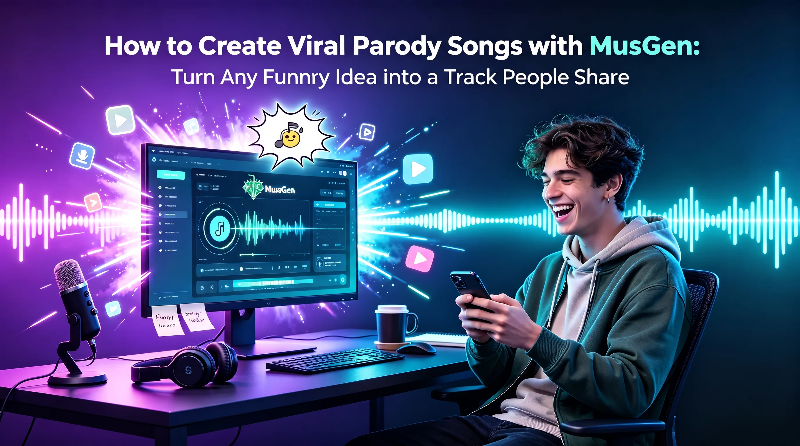 A playful microphone and soundwave surrounded by comedy and music-note icons in MuseGen's emerald and gold colors — creating viral parody songs with MuseGen