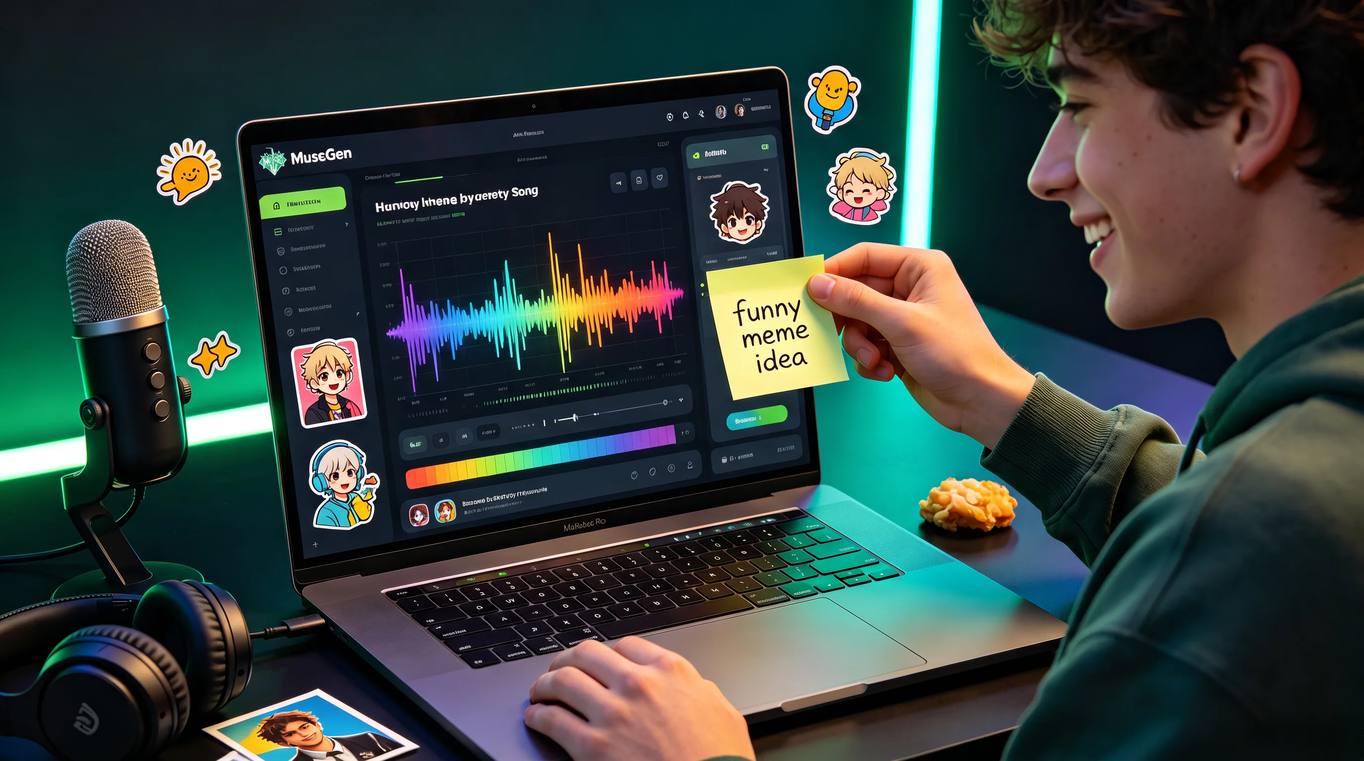 A smiling creator sticking a 'funny meme idea' note beside the MuseGen app, which shows a colorful rainbow waveform — turning a joke into a parody song